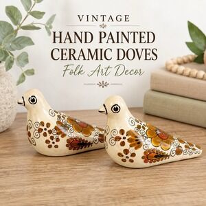 Vintage Hand Painted Ceramic Dove Bird Figurines Pair Folk Art Boho Decor 7"